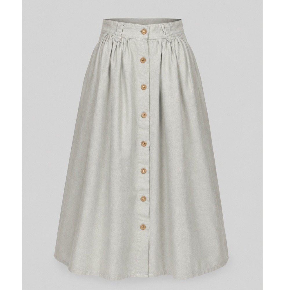 Vintage Khaki Cotton Pleated Button Front Midi Skirt Tan A-Line Pockets 25 Waist